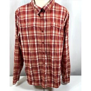 Cabela's Women's Red Plaid Button-Up Shirt Outdoor Roll-Up Sleeve Comfy Size 2XL